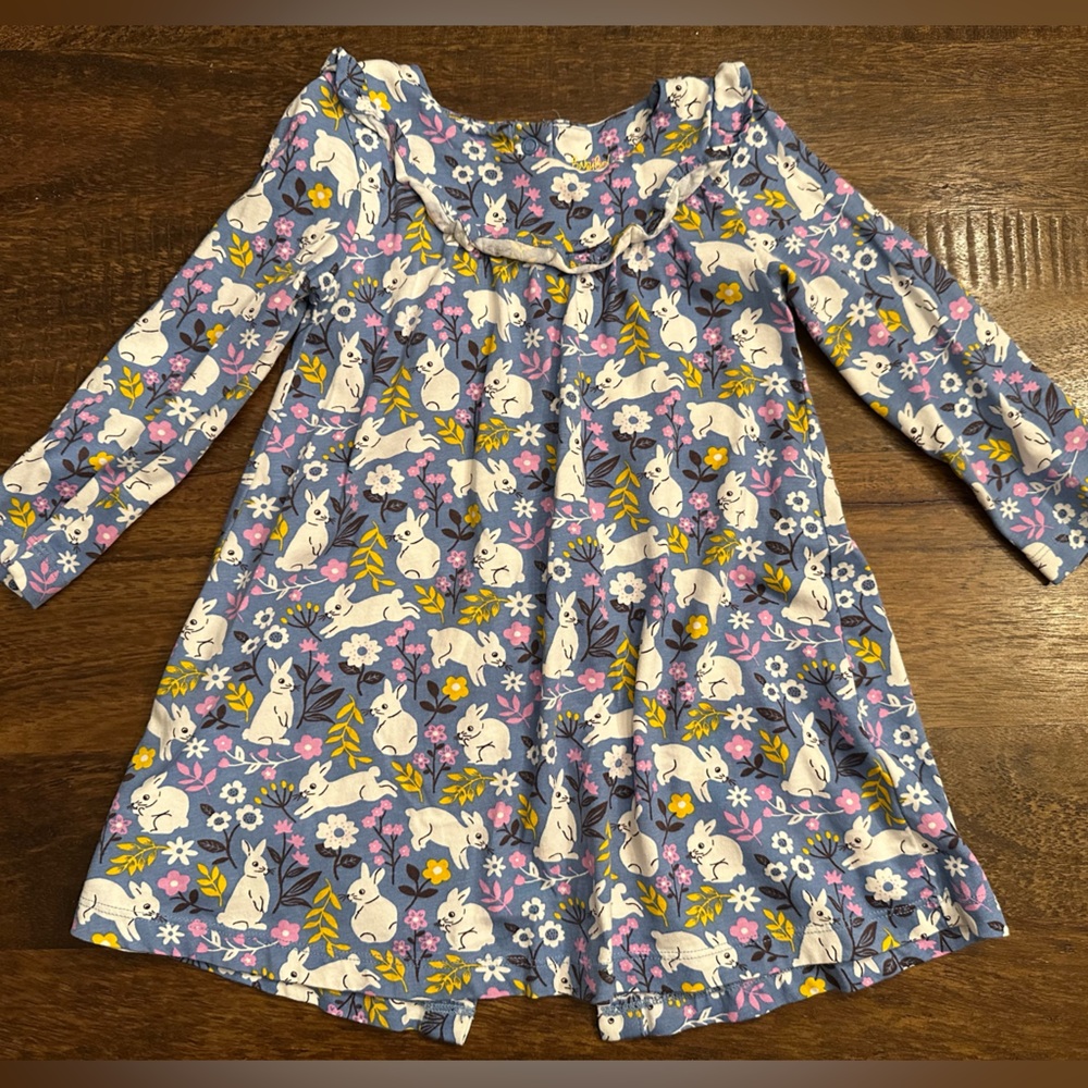 Baby Boden Blue Dress with Bunny and Floral Print